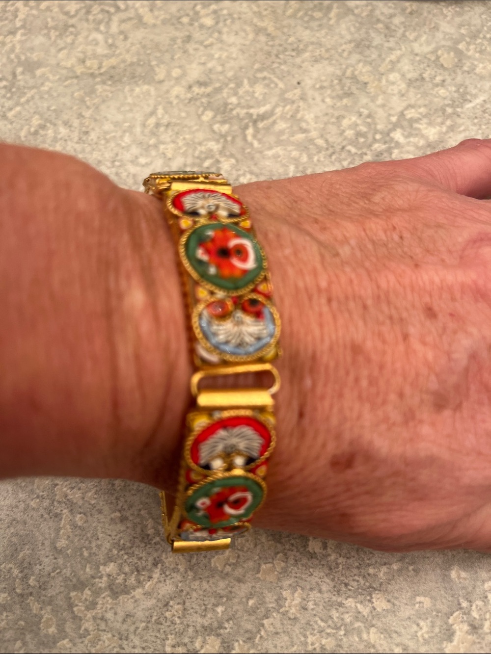 Micro mosaic, multicolored flowers gold toned bracelet
